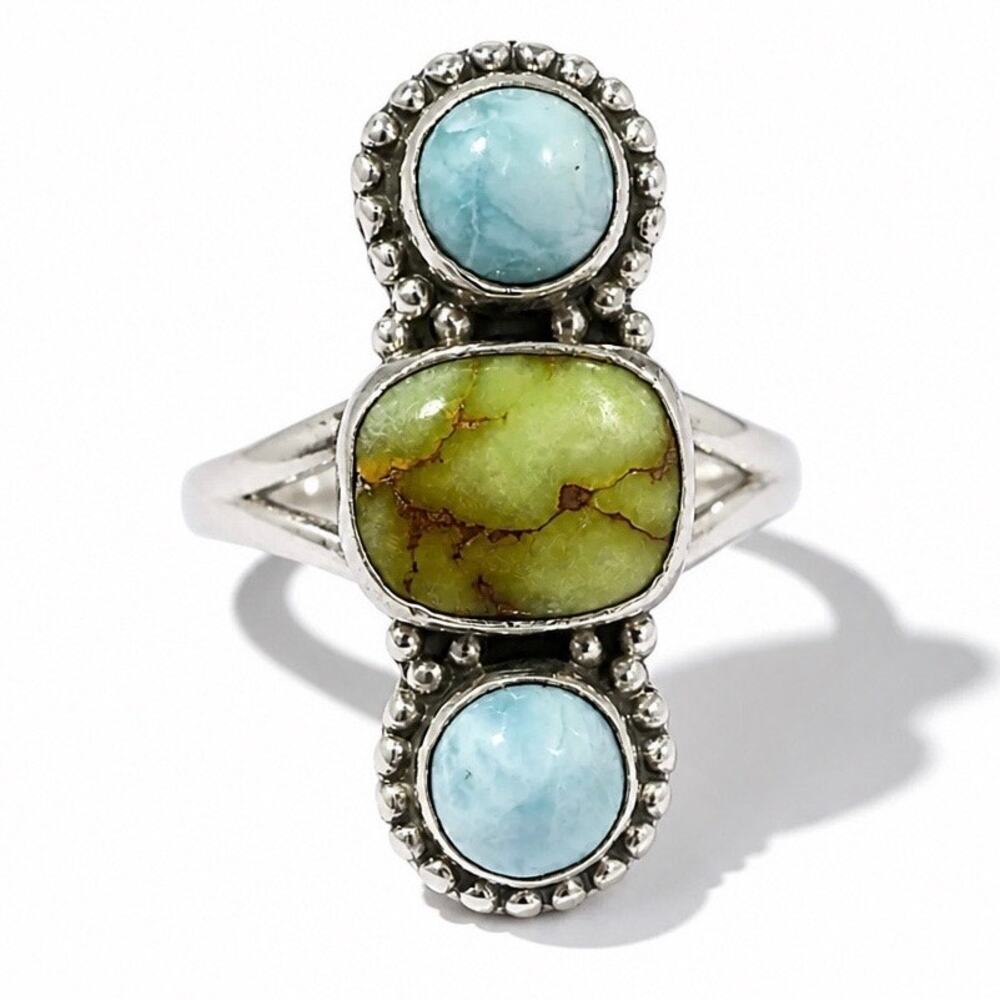 Larimar & Sonoran Gold Turquoise Three Stone Ring Size 9.25
